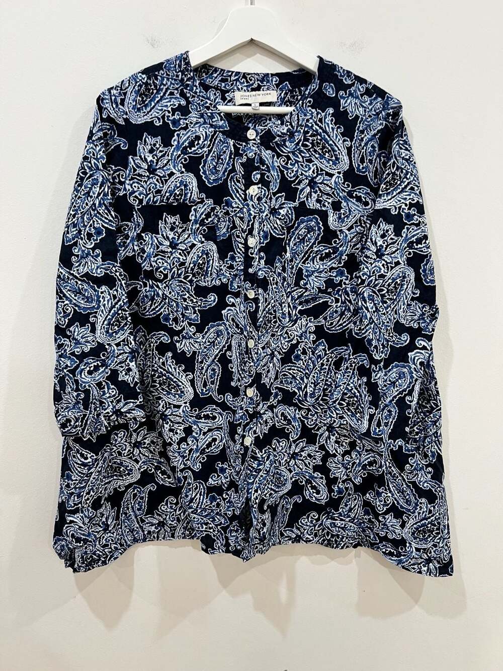 Jones New York Sport Linen Tunic Size L Blue Paisley Button Down Shirt